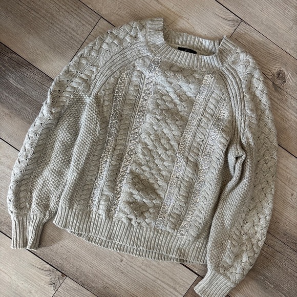 J. Crew Beige Merino Wool Sequin Long Sleeve Cable Knit Sweater Small - Picture 1 of 7